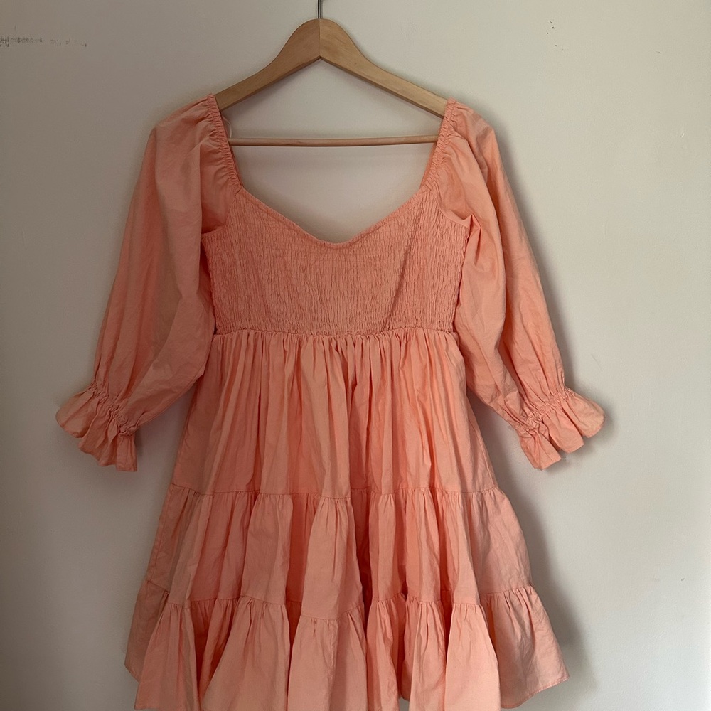 Mable Peach Smocked baby doll Dress with Puff Sleeves small